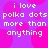 Pixelated text on a purple background with pink polka dots reads "i love polka dots more than anything" in white lowercase letters.