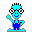 Pixelated character with cyan skin, black glasses, and blue overalls waving left arm raised against gray background.