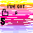 A 3x3 contact sheet of animated frames showing a pixel art animation with text and symbols changing across frames, featuring pink, purple, yellow, and white colors on a striped background.