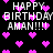 Pixelated birthday message with pink hearts on black background, text repeats across the image.