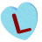 light blue heart-shaped objects with red 'L' symbols, showing various 3D rotations and angles against a gray background