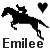 Two side-by-side pixelated black horse-and-rider silhouettes with hearts above, one showing 'Emilee' in black text and the other in blue text.