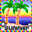 Pixelated beach scene with two palm trees, ocean waves, and the word 'SUMMER' in block letters on a sandy shore.