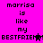 Pixelated text on bright pink background with black lettering and small purple star accents, repeating 'morrissa is like my BESTFRIEND!'.