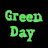 Animated contact sheet of a Green Day-themed buddy icon showing multiple frames with green text and particle effects on black background.