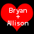 Two red heart-shaped icons with white text reading "Bryan + Alison" on a black background, displayed side-by-side.