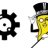 Black and yellow pixelated icon with abstract shapes on white background, left side shows black geometric form resembling stylized 'A' or gear, right side features yellow blocky figure with dark top element.
