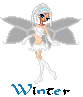 Pixelated fairy avatar with white hair, blue eyes, and gray wings, wearing white dress and boots, standing against gray background with 'Winter' text below.