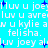 Pixelated text repeats 'luv u joey' and 'luv u avreil' on a bright cyan background with scattered blue plus signs.