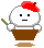Pixel art character with red beret and brown pot, holding green stick; expressions shift from neutral to smiling across frames.