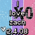 Pixelated icon with blue, purple, and pink vertical stripes background; white text reads "I love zach 2.4.08" with a small heart symbol on left.