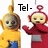 Pixelated cartoon characters in yellow and red outfits with blue pants, one waving while text fragments appear above them.