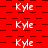 Red background with black checkered pattern and repeated white text 'Kyle' in