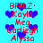 Pixelated red text lists names over blue hearts on cyan background; animation shifts heart positions between frames.