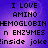 Pixelated text on a purple gradient background with two identical showing 'I LOVE AMINO', 'HEMOGLOBIN n ENZYMES', and '!inside joke!' in black block letters