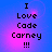 Blue and pink gradient background with black pixelated text reading "I Love Code Carney !!!" in four identical