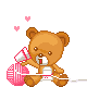 Pixelated brown teddy bear holding pink yarn and white knitting needles, with pink hearts floating above, in three distinct poses showing mouth and eye expressions.