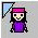 Pixelated character with pink headband and purple dress, holding black chain attached to blue flag on gray background.