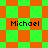 Four identical pixelated 'Michael' text labels on a green and orange checkered background with diamond-shaped patterns.