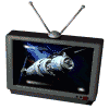 Nine CRT televisions arranged in a , each displaying distinct animated pixel art scenes with antennas on top