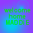 Green pixelated text 'welcome home MADDiE' on a blue-purple gradient background with subtle circular patterns.