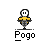 Four 50x50 pixel animated frames of a cartoon stick figure with white head, yellow torso, and gray limbs standing on a black base beneath the text "Pogo" in a contact sheet layout.