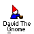 Pixelated gnome with red hat and blue body holding brown pot, text 'David The Gnome' below, on gray background