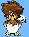 Animated pixel art contact sheet showing a bird-like character with human features in multiple expressions and states across 8 frames on blue background.