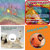 Pixelated static image showing four distinct scenes: a sunset over water, a colorful abstract pattern, a grayscale landscape with a white shape, and an orange background with a circular figure.