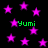 Black background with scattered pink stars and green text reading 'Yumi' in multiple locations.