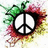A peace symbol surrounded by green, red, and yellow splatter on a white background.
