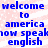 Blue pixelated text on a pinkish-white background reads "welcome to america now speak english" in two identical vertical
