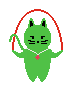 Green pixelated cat with black eyes and whiskers, wearing a white pearl necklace with red star pendant, holding red jump rope in two poses.