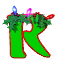 Green letter R with red outline, decorated with holly leaves and berries, blue and purple lights on top, animated changes in berry positions.