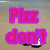 Pixelated text in pink and purple letters on a beige background with scattered white dots, arranged in two