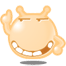 Animated cartoon character with peach-colored body, two small horns, and a wide grin showing white teeth against brown gums.