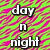 A static image with a neon green and pink striped background, displaying text 'day n night' in white block letters and a black-outlined heart symbol '<3'.