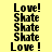 Yellow background with black text repeating 'Love!' and 'Shate' in vertical , alternating pink horizontal bars across the middle