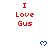 Red text "I Love Gus" repeated in a with blue pixelated hearts, partially cropped at bottom right