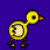 Yellow chick with orange beak and legs stands against solid blue background, body facing left in first frame, head turned right in second frame.