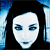Pixelated static icon featuring a stylized white face with blue eyes and mouth against black background, framed by light blue vertical elements on both sides.