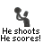 Pixelated grayscale icon of a basketball player shooting, with text below reading "He shoots He scores!" in blocky font.