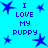Blue background with blue star shapes and repeated text "I LOVE MY PUPPY" in blue pixelated font.