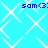 Pixelated blue background with white diamond lattice pattern and repeated purple text 'sam<3:' in four corners.