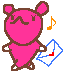 Pixelated pink character with brown outline holding white envelope, displaying musical note variations.