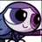 Pixelated cartoon character with large purple eyes and blue hair, smiling while extending a hand forward.