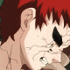 Animated sequence of a character with red hair and black eye markings transitioning through multiple facial expressions against green background.