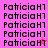 repeated 'Patricia H7' text in black pixelated font on pink backgrounds, with two small pink star icons appearing in the bottom-right corner of the