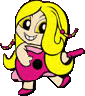Pixelated cartoon character with long yellow hair in pigtails, pink dress with black circles, and red shoes; two poses show different eye expressions.