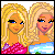 Pixel art featuring two blonde women in pink and blue dresses, a person in a pink top with raised arms, a beach scene, tall structures, and text reading 'Best Friends Forever' with alternating black and white squares.